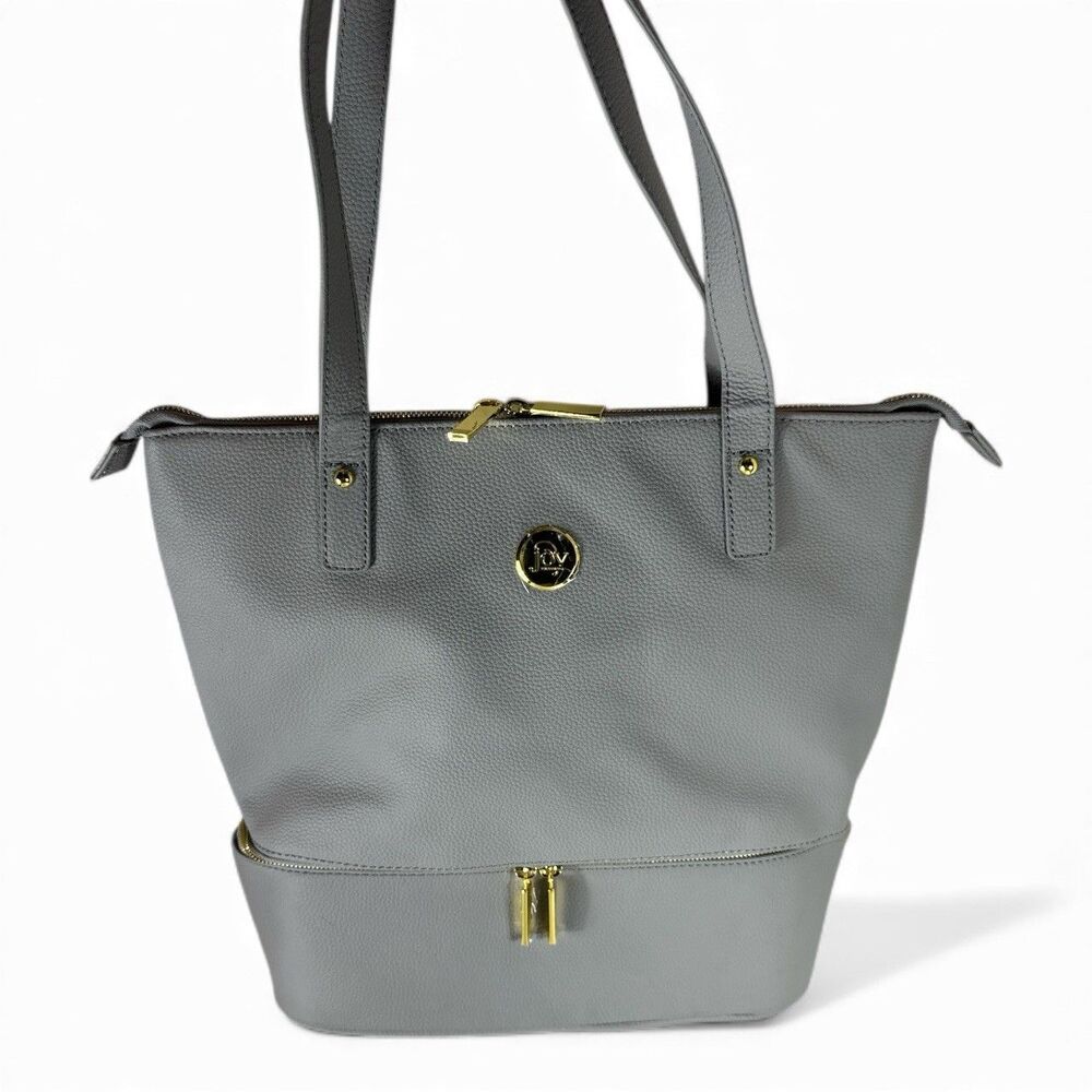 Joy Mangano Double Decker Light Gray Leather Work Travel Tote Bag Purse